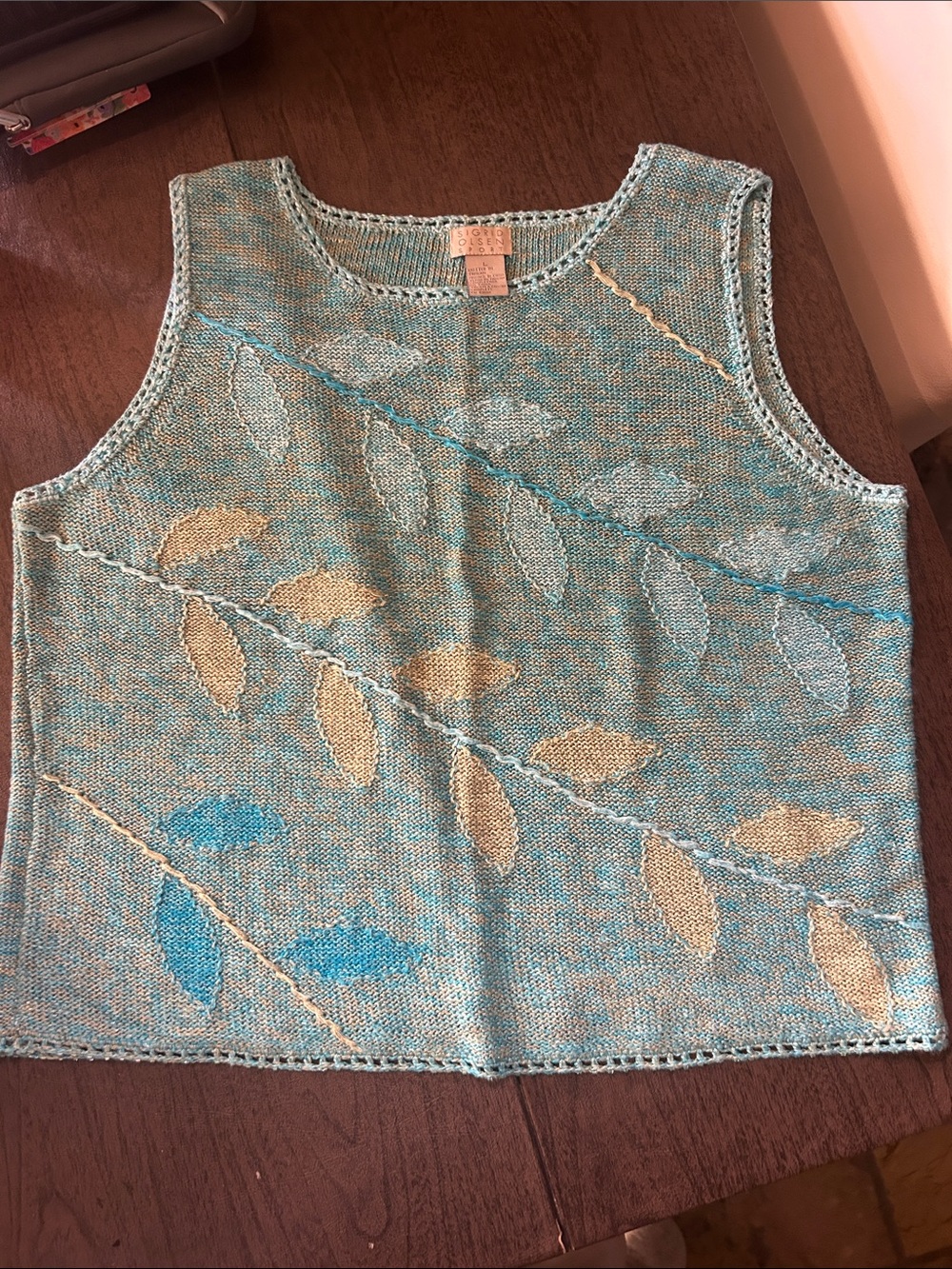 Sigrid Olsen Leaf-Embroidered Knit Tank Top in Teal and Gold